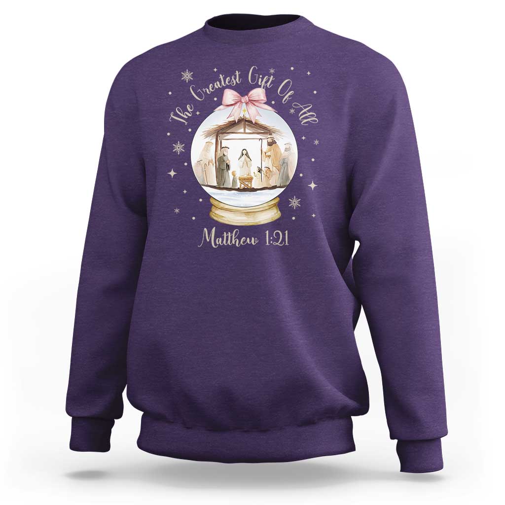 Nativity Scene Christmas Sweatshirt The Greatest Gift of All Christian Coquette Bow Matthew 1:21 - Wonder Print Shop