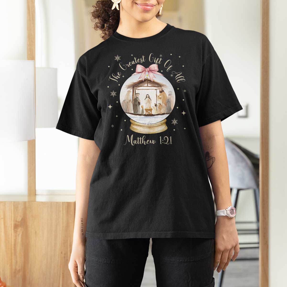 Nativity Scene Christmas T Shirt For Women The Greatest Gift of All Christian Coquette Bow Matthew 1:21 - Wonder Print Shop