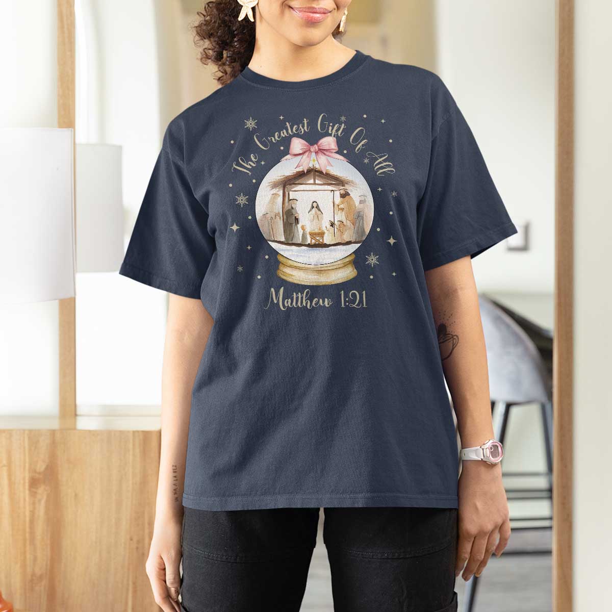 Nativity Scene Christmas T Shirt For Women The Greatest Gift of All Christian Coquette Bow Matthew 1:21 - Wonder Print Shop