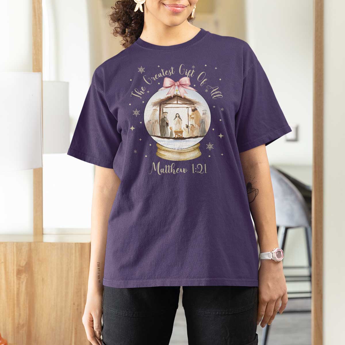 Nativity Scene Christmas T Shirt For Women The Greatest Gift of All Christian Coquette Bow Matthew 1:21 - Wonder Print Shop