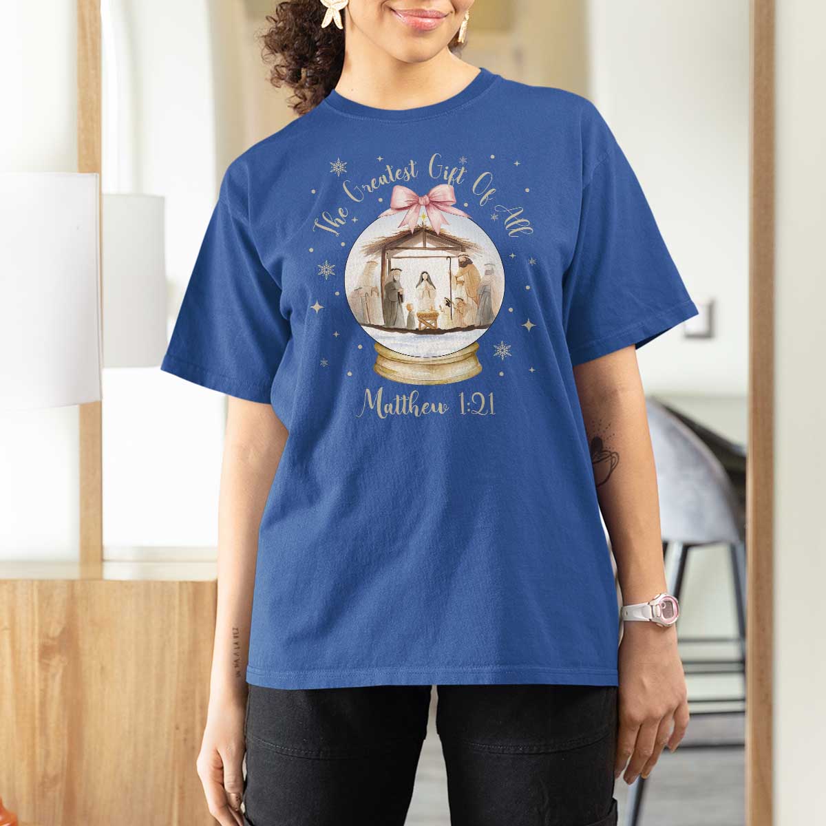 Nativity Scene Christmas T Shirt For Women The Greatest Gift of All Christian Coquette Bow Matthew 1:21 - Wonder Print Shop