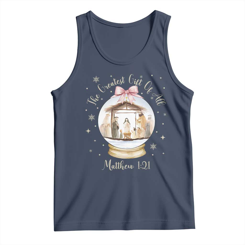 Nativity Scene Christmas Tank Top The Greatest Gift of All Christian Coquette Bow Matthew 1:21 - Wonder Print Shop