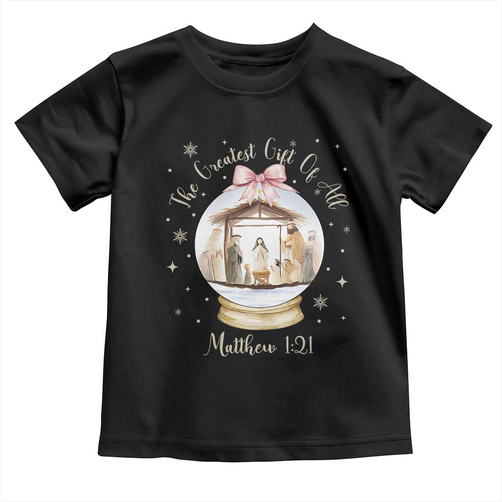 Nativity Scene Christmas Toddler T Shirt The Greatest Gift of All Christian Coquette Bow Matthew 1:21 - Wonder Print Shop