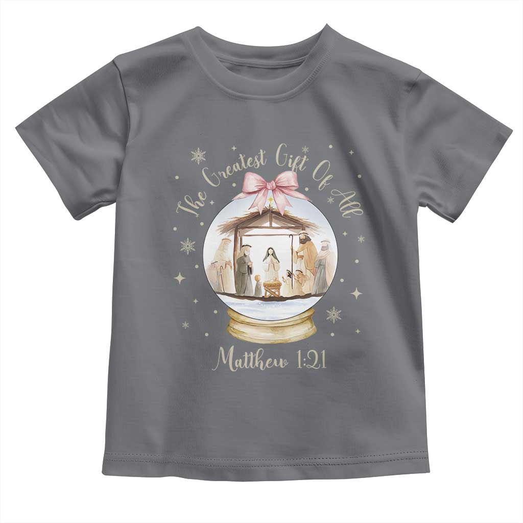 Nativity Scene Christmas Toddler T Shirt The Greatest Gift of All Christian Coquette Bow Matthew 1:21 - Wonder Print Shop