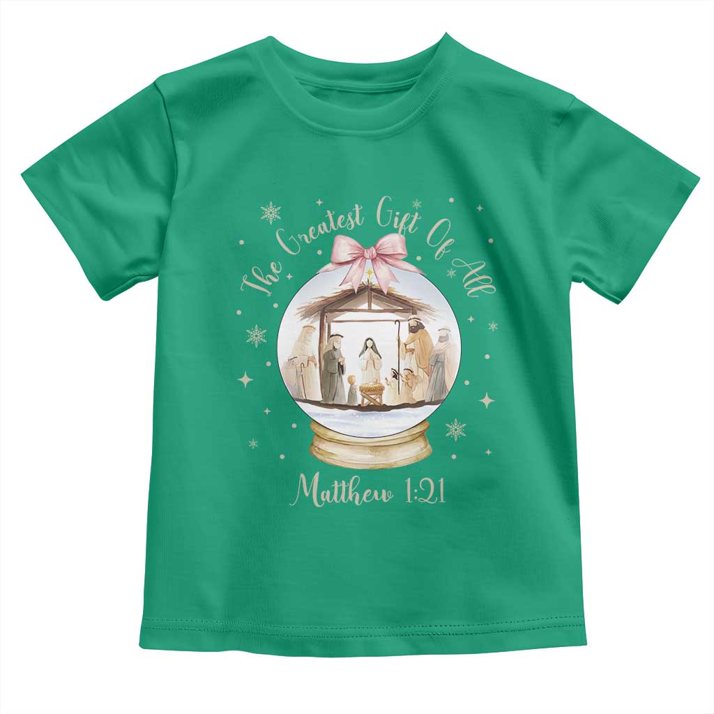 Nativity Scene Christmas Toddler T Shirt The Greatest Gift of All Christian Coquette Bow Matthew 1:21 - Wonder Print Shop
