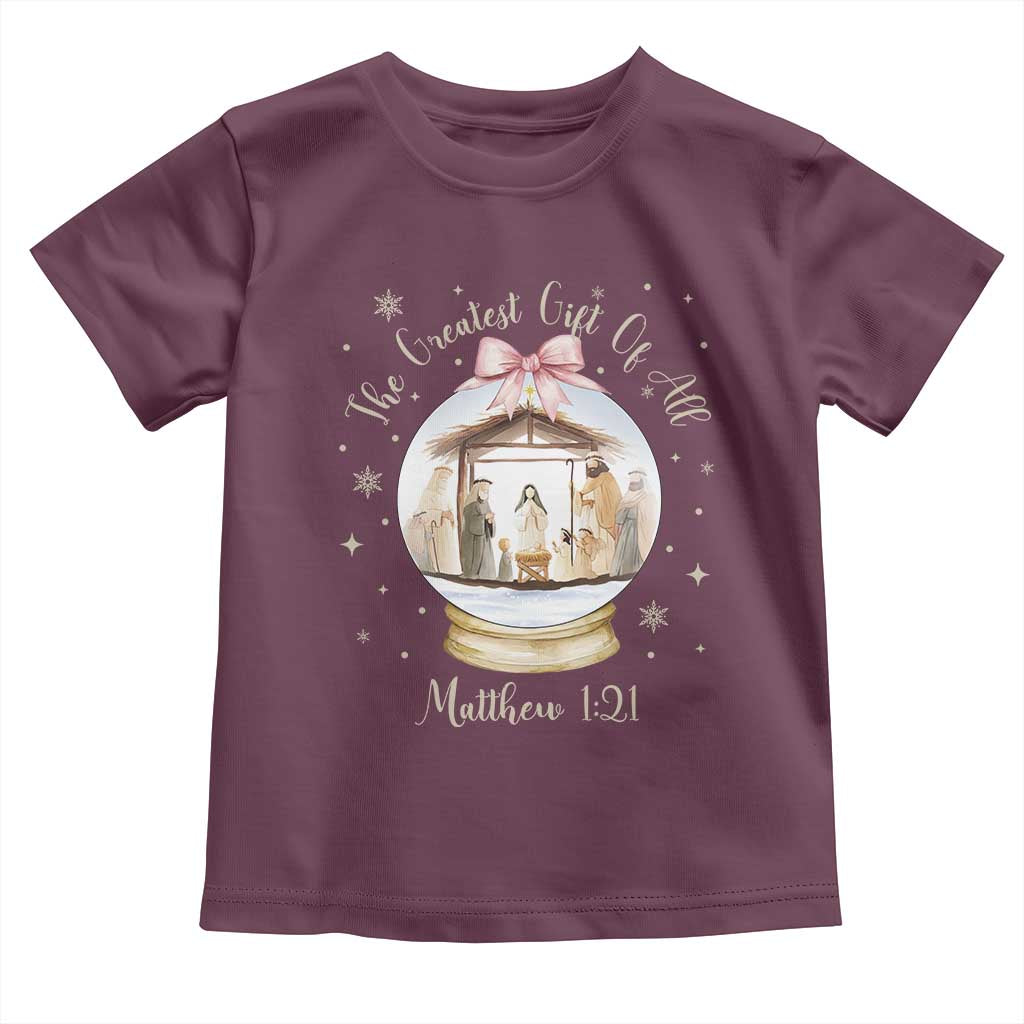 Nativity Scene Christmas Toddler T Shirt The Greatest Gift of All Christian Coquette Bow Matthew 1:21 - Wonder Print Shop