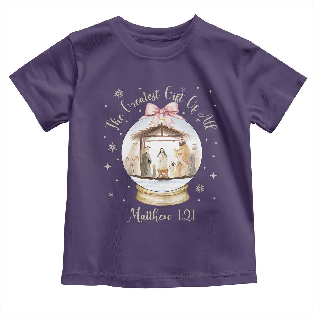 Nativity Scene Christmas Toddler T Shirt The Greatest Gift of All Christian Coquette Bow Matthew 1:21 - Wonder Print Shop