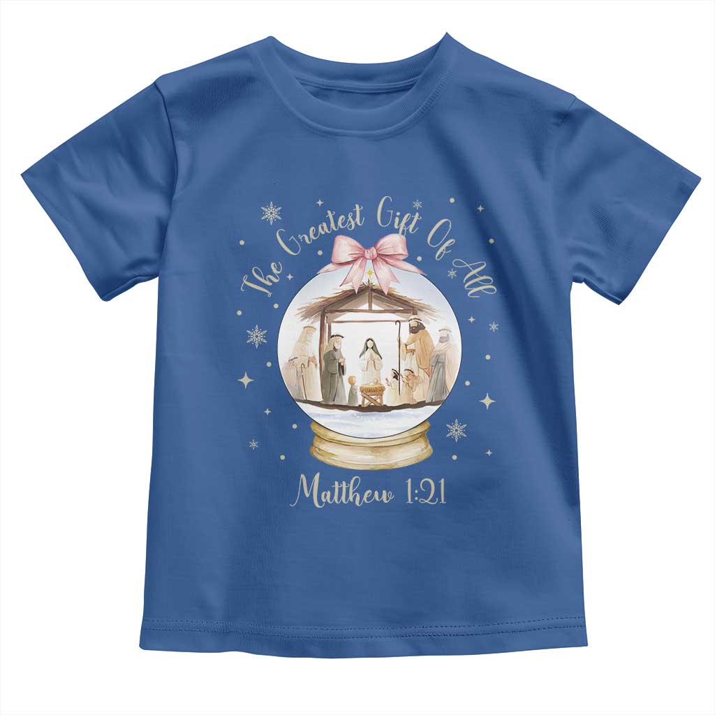 Nativity Scene Christmas Toddler T Shirt The Greatest Gift of All Christian Coquette Bow Matthew 1:21 - Wonder Print Shop