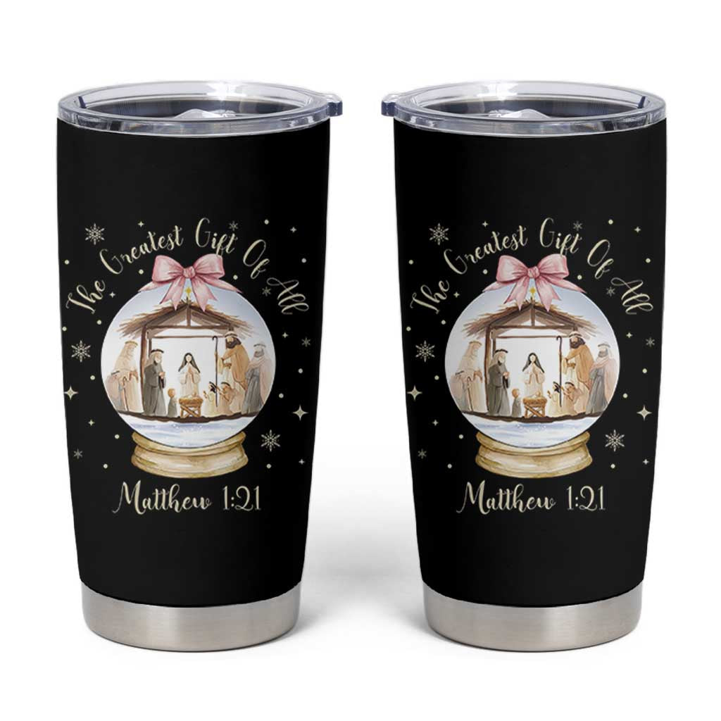 Nativity Scene Christmas Tumbler Cup The Greatest Gift of All Christian Coquette Bow Matthew 1:21 - Wonder Print Shop