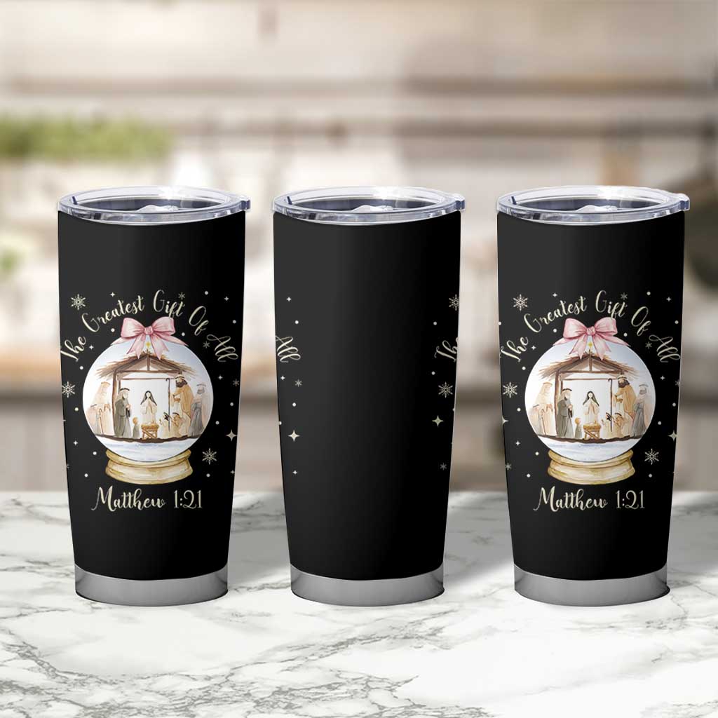 Nativity Scene Christmas Tumbler Cup The Greatest Gift of All Christian Coquette Bow Matthew 1:21 - Wonder Print Shop