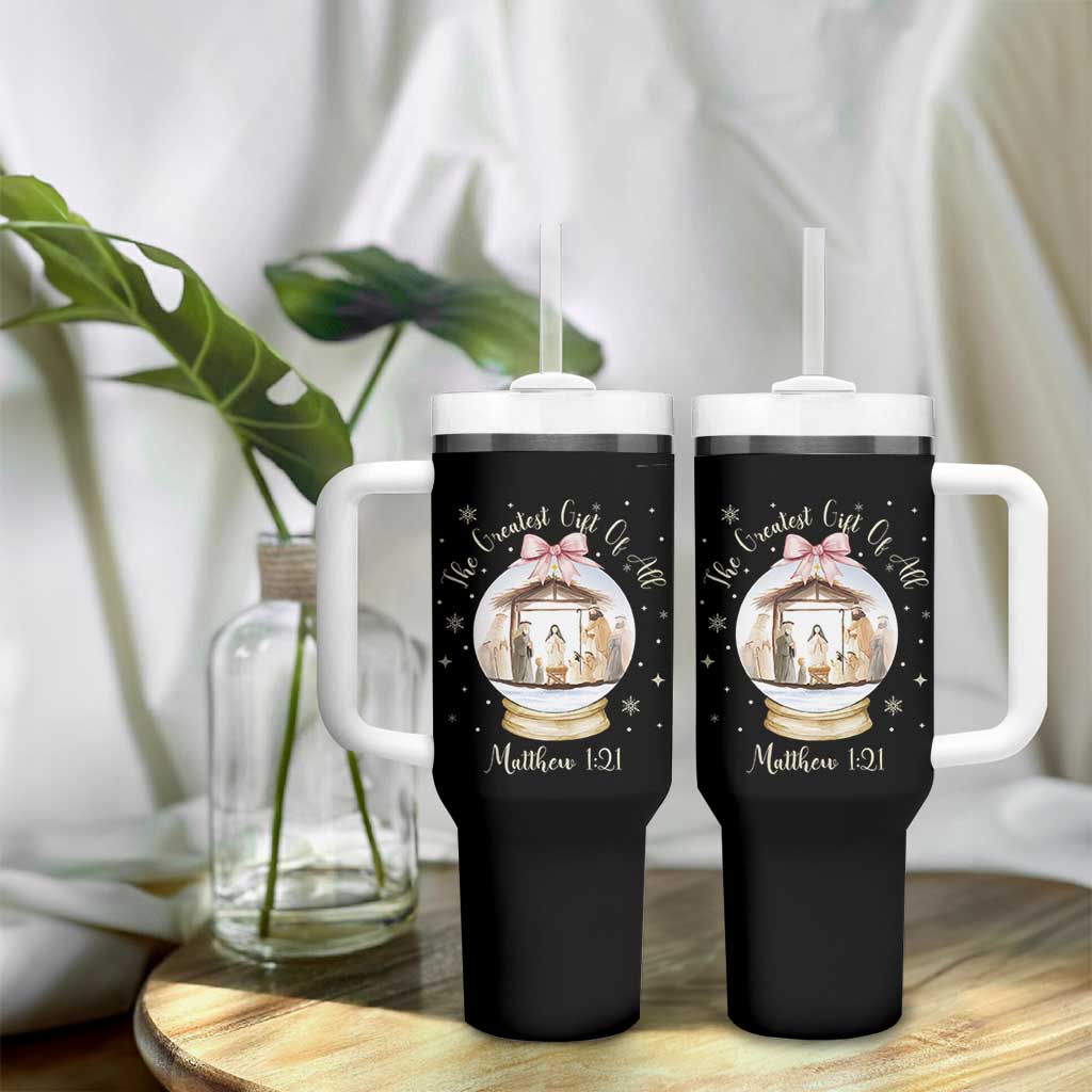 Nativity Scene Christmas Tumbler With Handle The Greatest Gift of All Christian Coquette Bow Matthew 1:21 - Wonder Print Shop