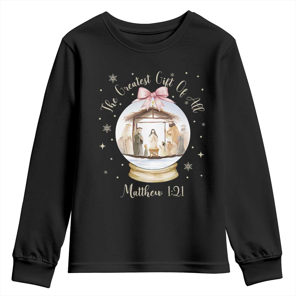 Nativity Scene Christmas Youth Sweatshirt The Greatest Gift of All Christian Coquette Bow Matthew 1:21 - Wonder Print Shop