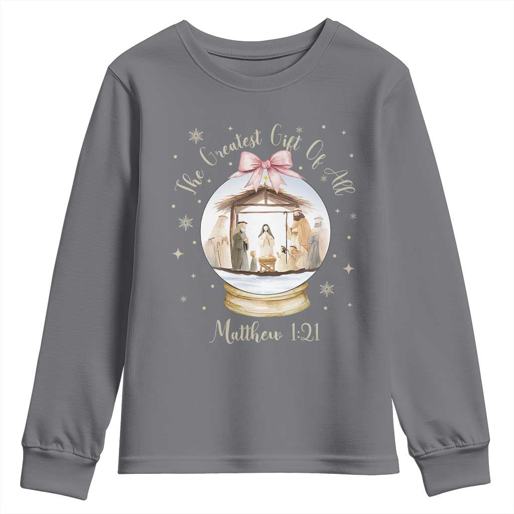Nativity Scene Christmas Youth Sweatshirt The Greatest Gift of All Christian Coquette Bow Matthew 1:21 - Wonder Print Shop