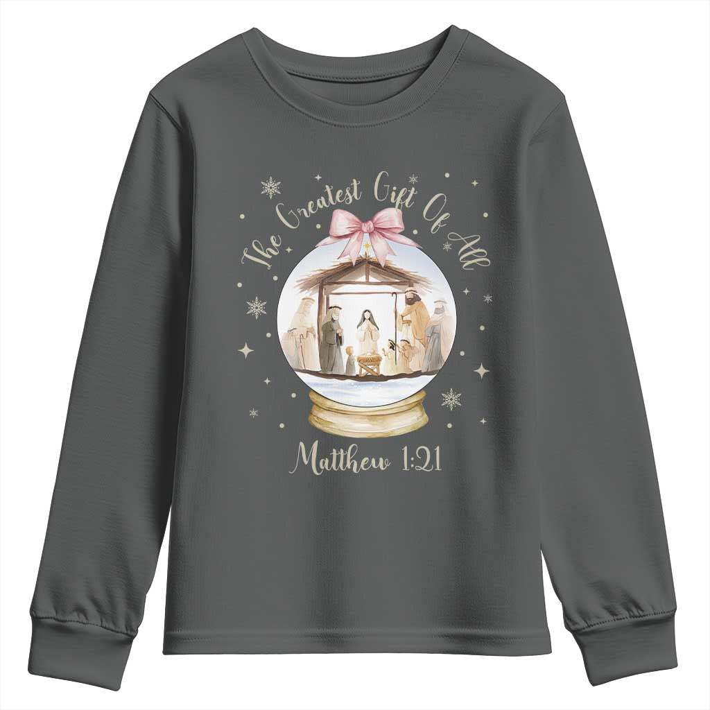Nativity Scene Christmas Youth Sweatshirt The Greatest Gift of All Christian Coquette Bow Matthew 1:21 - Wonder Print Shop