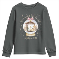 Nativity Scene Christmas Youth Sweatshirt The Greatest Gift of All Christian Coquette Bow Matthew 1:21 - Wonder Print Shop