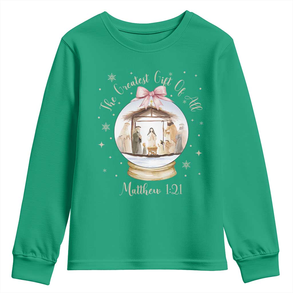 Nativity Scene Christmas Youth Sweatshirt The Greatest Gift of All Christian Coquette Bow Matthew 1:21 - Wonder Print Shop