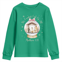 Nativity Scene Christmas Youth Sweatshirt The Greatest Gift of All Christian Coquette Bow Matthew 1:21 - Wonder Print Shop