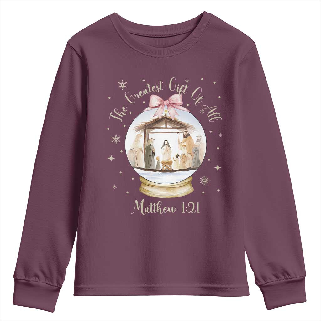 Nativity Scene Christmas Youth Sweatshirt The Greatest Gift of All Christian Coquette Bow Matthew 1:21 - Wonder Print Shop