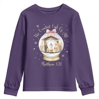 Nativity Scene Christmas Youth Sweatshirt The Greatest Gift of All Christian Coquette Bow Matthew 1:21 - Wonder Print Shop