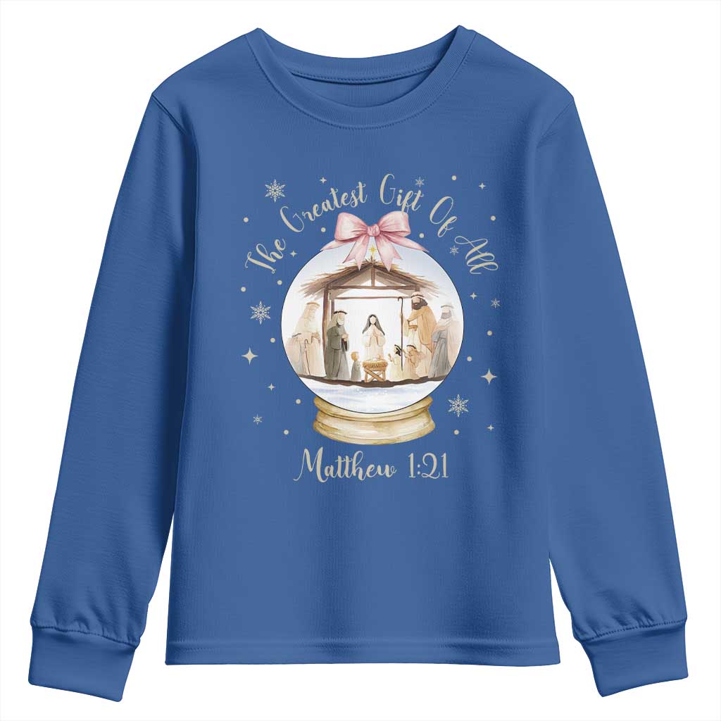 Nativity Scene Christmas Youth Sweatshirt The Greatest Gift of All Christian Coquette Bow Matthew 1:21 - Wonder Print Shop