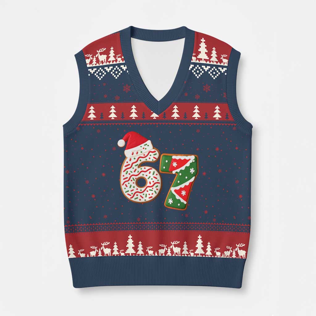 67 Xmas V-Neck Knit Sweater Vest Funny Six Seven 6 7 Meme Pajamas Gen Alpha Slang - Wonder Print Shop