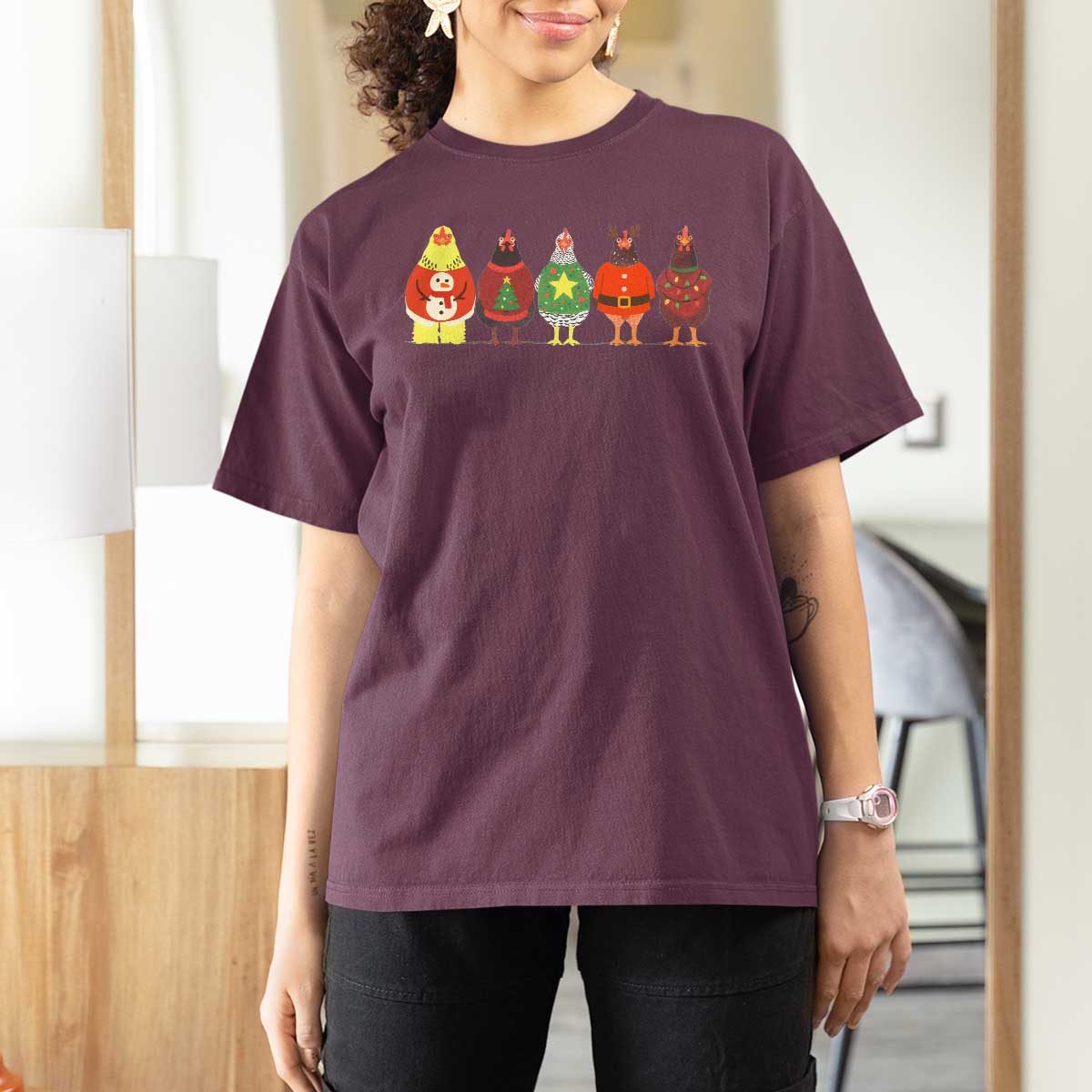 Сute Christmas Chickens T Shirt For Women Funny Xmas Chickens Farm Animals Lover Gift - Wonder Print Shop