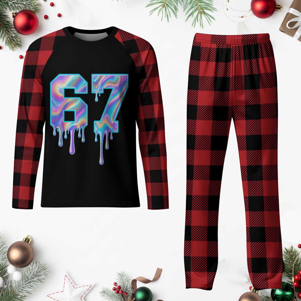Baseball Drip Number 67 Player Plaid Pajama Set Funny Six Seven Meme 67th Birthday Holographic Dripping - Wonder Print Shop