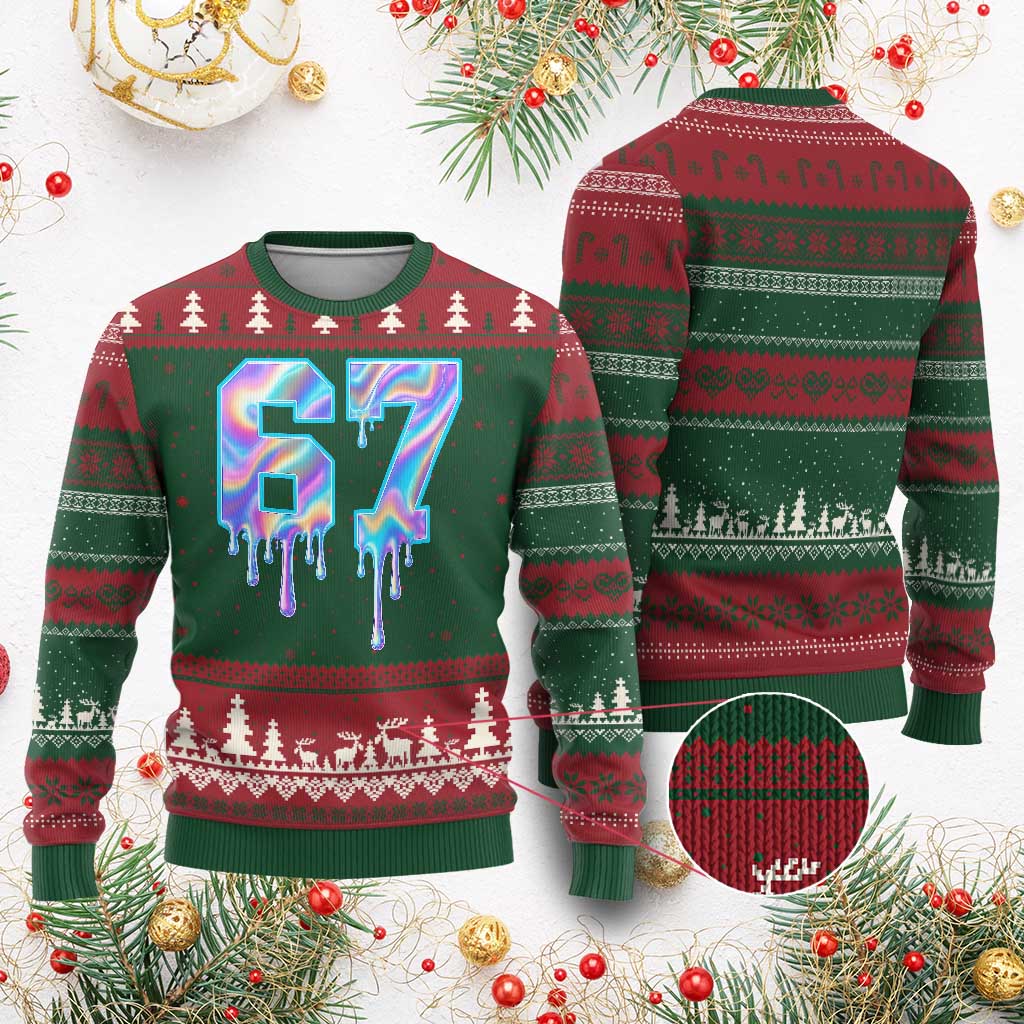 Baseball Drip Number 67 Player Ugly Christmas Sweater Funny Six Seven Meme 67th Birthday Holographic Dripping - Wonder Print Shop