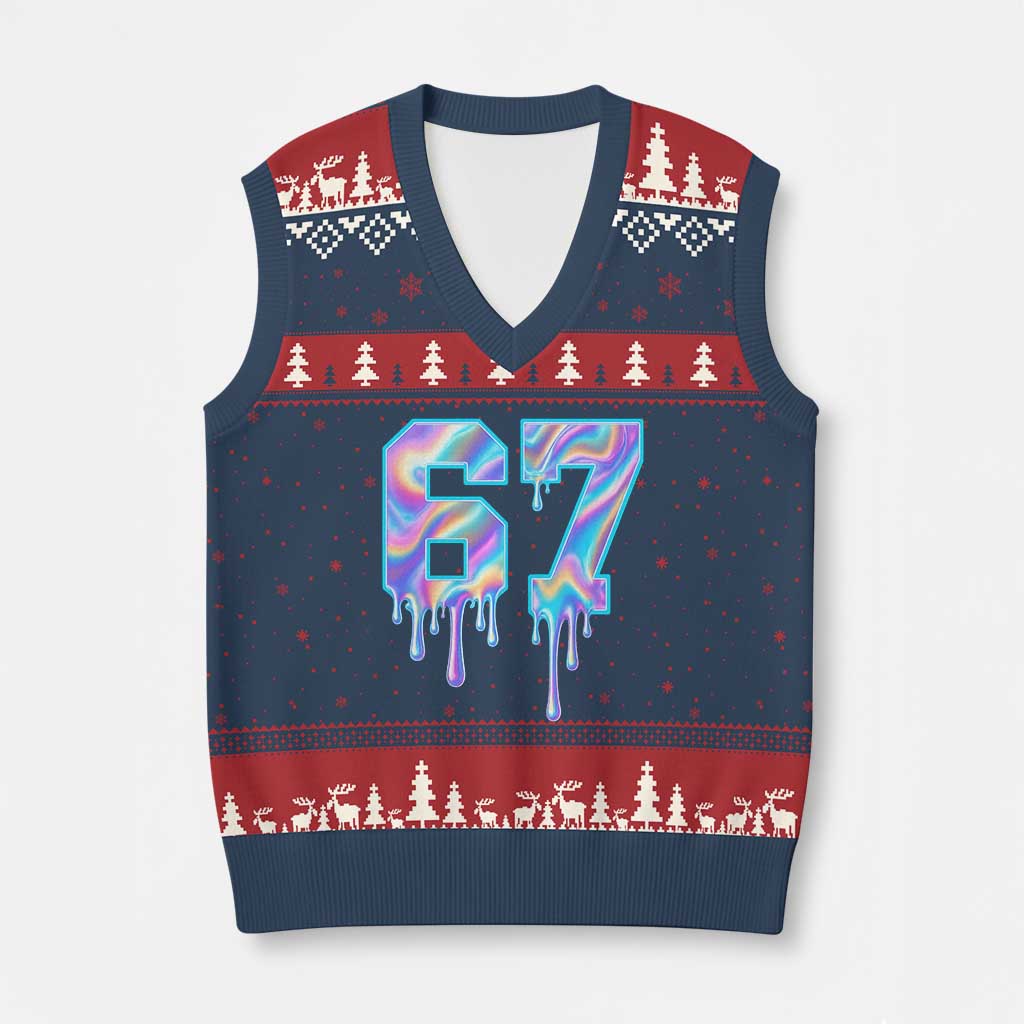 Baseball Drip Number 67 Player V-Neck Knit Sweater Vest Funny Six Seven Meme 67th Birthday Holographic Dripping - Wonder Print Shop