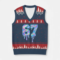 Baseball Drip Number 67 Player V-Neck Knit Sweater Vest Funny Six Seven Meme 67th Birthday Holographic Dripping - Wonder Print Shop