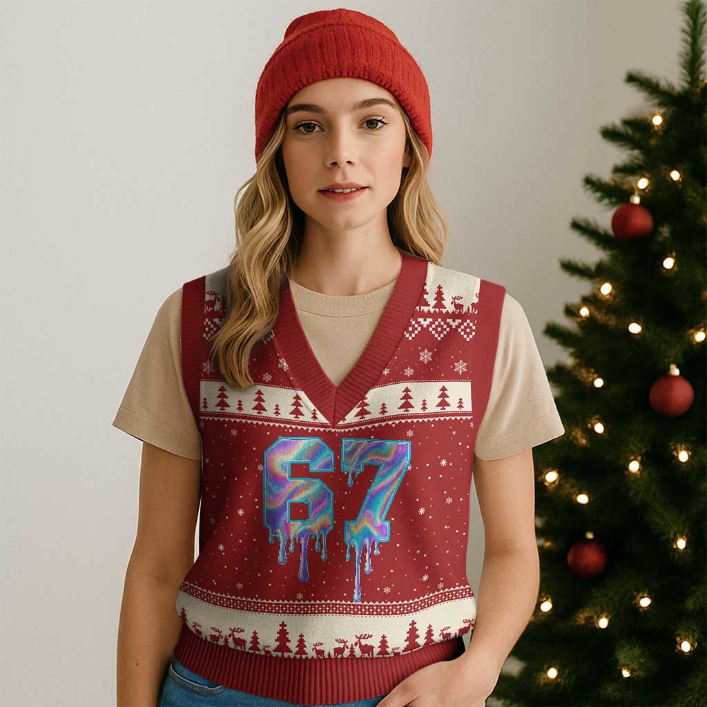 Baseball Drip Number 67 Player V-Neck Knit Sweater Vest Funny Six Seven Meme 67th Birthday Holographic Dripping - Wonder Print Shop
