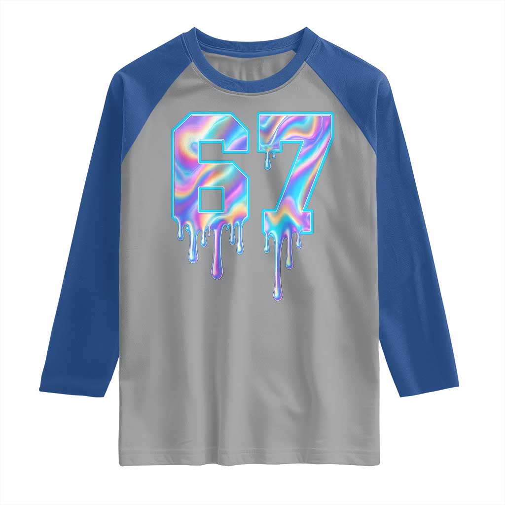 Baseball Drip Number 67 Player Raglan Shirt Funny Six Seven Meme 67th Birthday Holographic Dripping - Wonder Print Shop