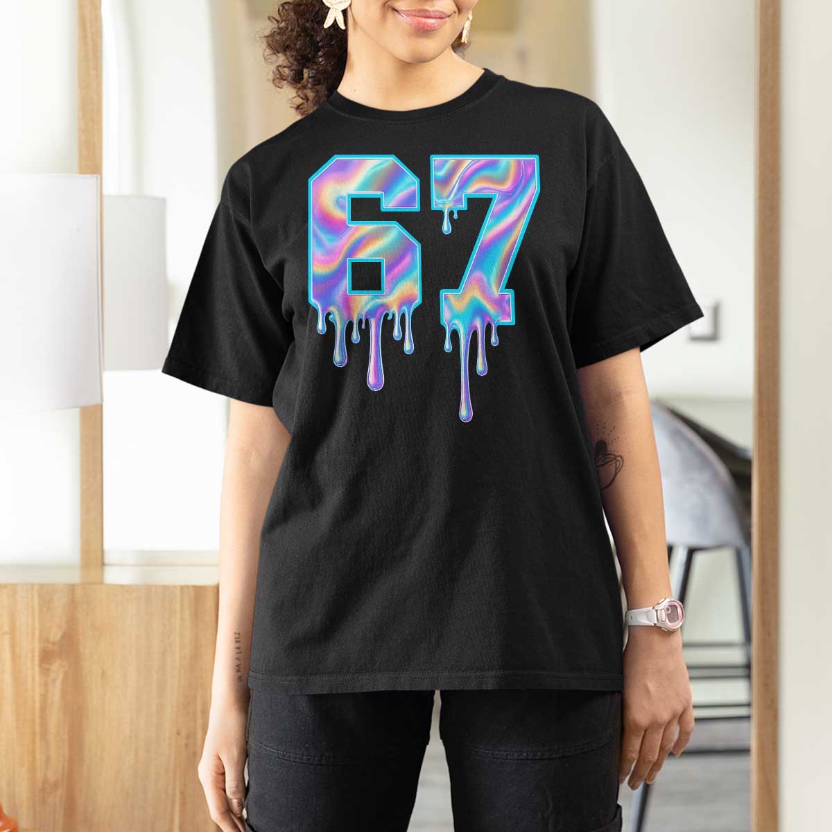 Baseball Drip Number 67 Player T Shirt For Women Funny Six Seven Meme 67th Birthday Holographic Dripping - Wonder Print Shop