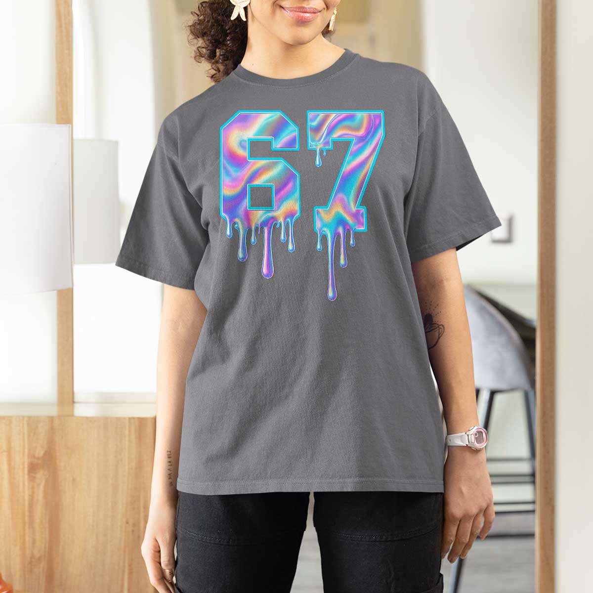 Baseball Drip Number 67 Player T Shirt For Women Funny Six Seven Meme 67th Birthday Holographic Dripping - Wonder Print Shop