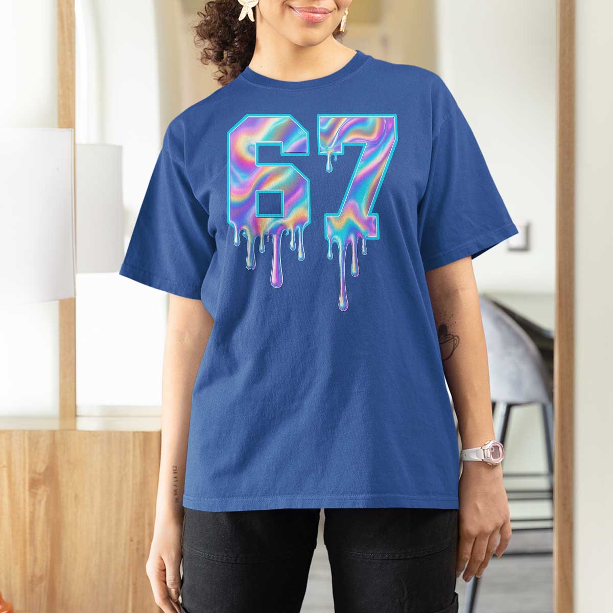 Baseball Drip Number 67 Player T Shirt For Women Funny Six Seven Meme 67th Birthday Holographic Dripping - Wonder Print Shop
