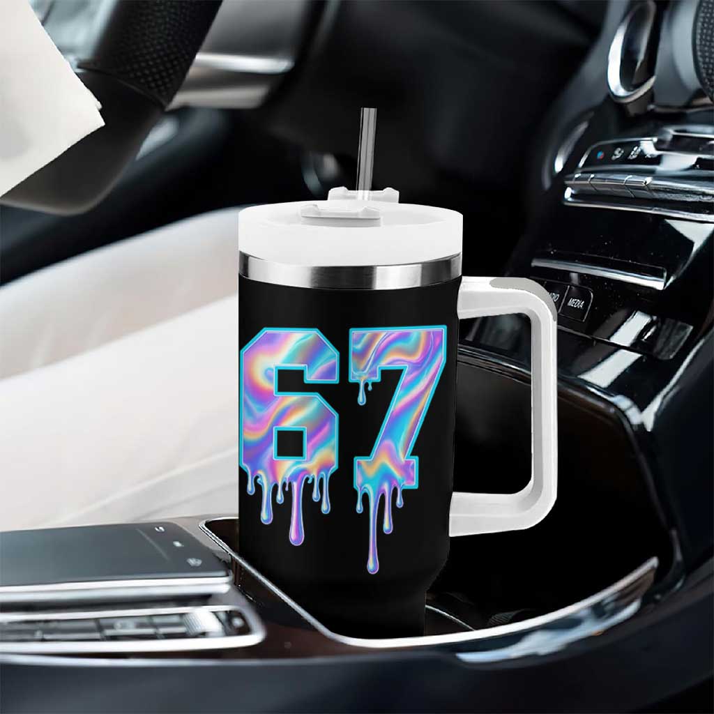 Baseball Drip Number 67 Player Tumbler With Handle Funny Six Seven Meme 67th Birthday Holographic Dripping - Wonder Print Shop