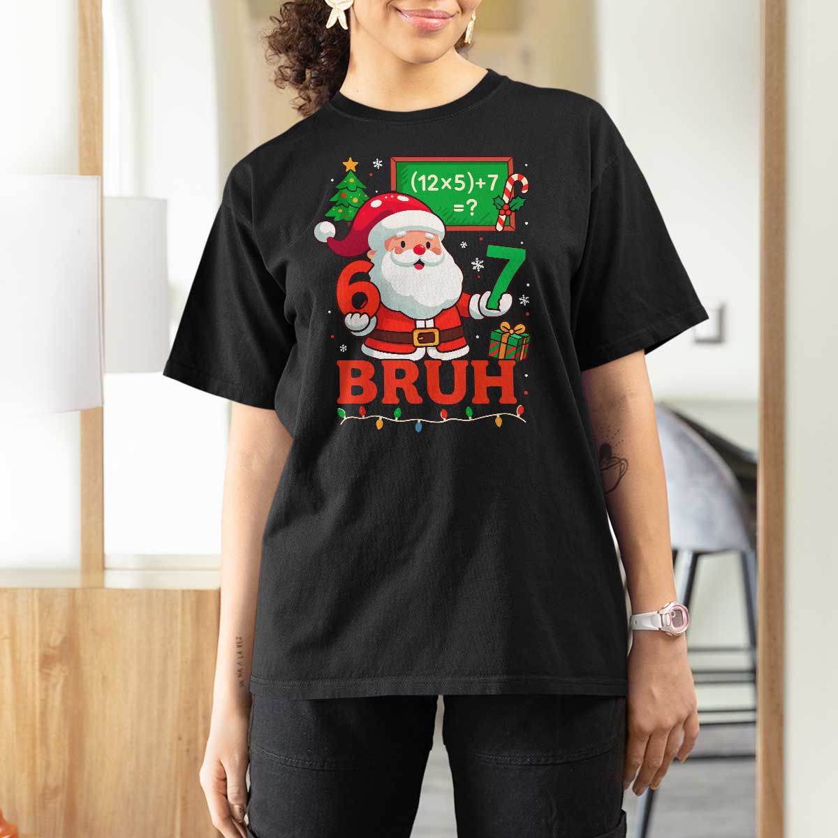 67 Teacher Christmas T Shirt For Women Santa Six Seven Meme Math Equation Bruh - Wonder Print Shop