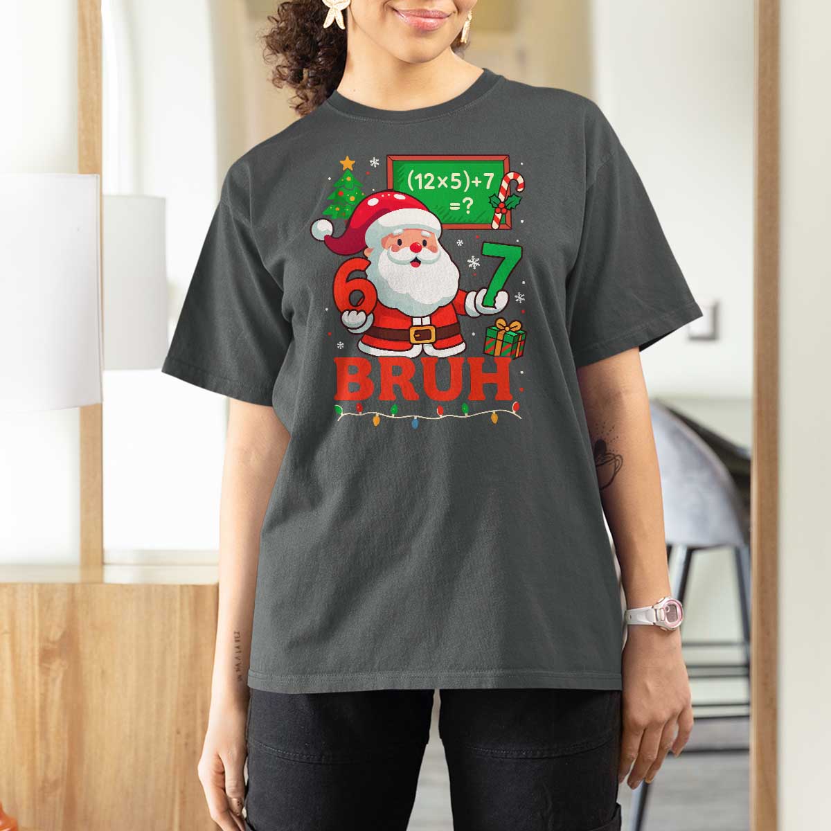 67 Teacher Christmas T Shirt For Women Santa Six Seven Meme Math Equation Bruh - Wonder Print Shop