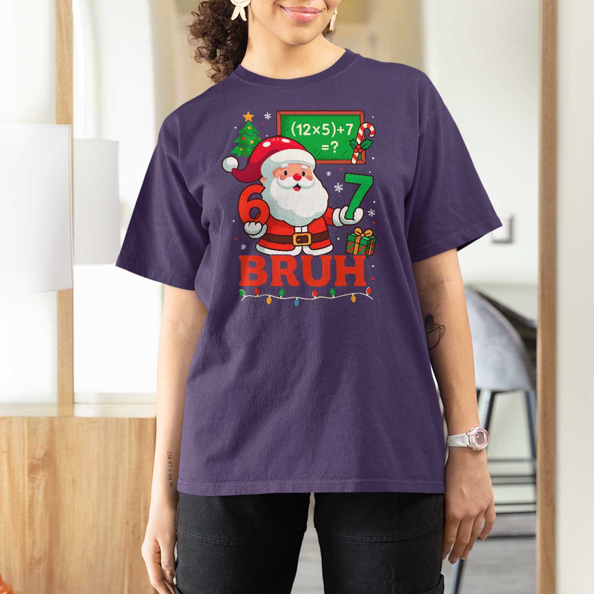 67 Teacher Christmas T Shirt For Women Santa Six Seven Meme Math Equation Bruh - Wonder Print Shop