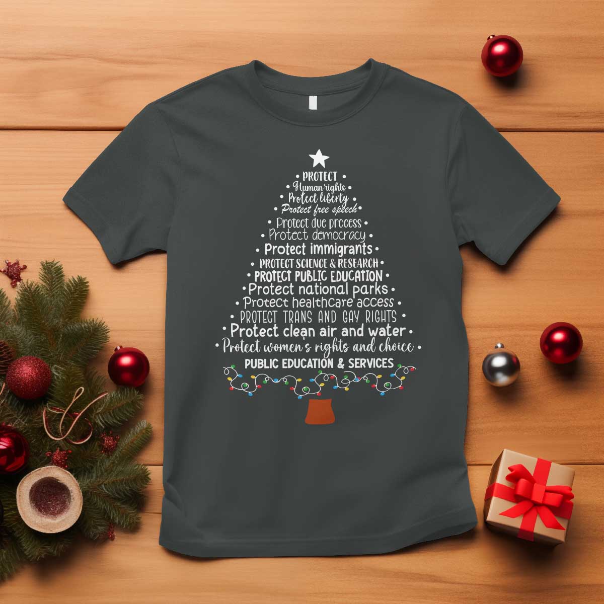 Protect Democracy Christmas Tree T Shirt Anti Fascism Social Justice - Wonder Print Shop