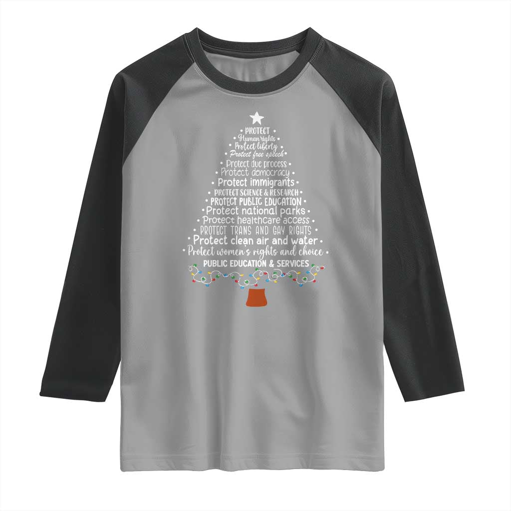 Protect Democracy Christmas Tree Raglan Shirt Anti Fascism Social Justice - Wonder Print Shop