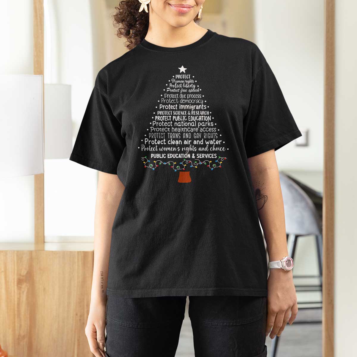 Protect Democracy Christmas Tree T Shirt For Women Anti Fascism Social Justice - Wonder Print Shop