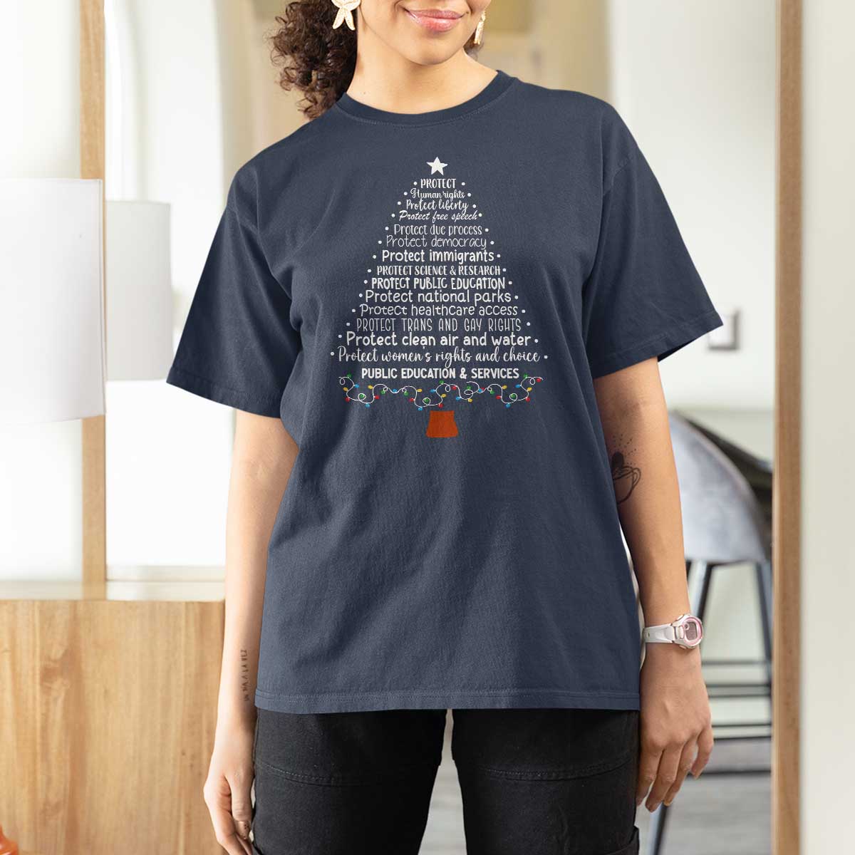 Protect Democracy Christmas Tree T Shirt For Women Anti Fascism Social Justice - Wonder Print Shop