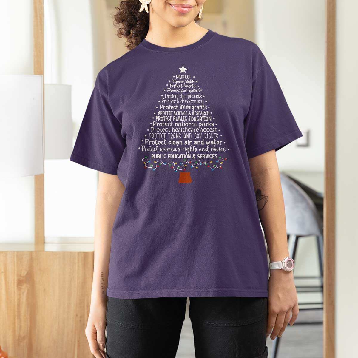 Protect Democracy Christmas Tree T Shirt For Women Anti Fascism Social Justice - Wonder Print Shop