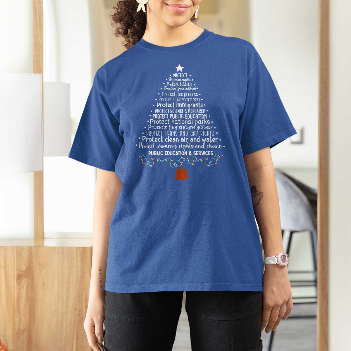 Protect Democracy Christmas Tree T Shirt For Women Anti Fascism Social Justice - Wonder Print Shop