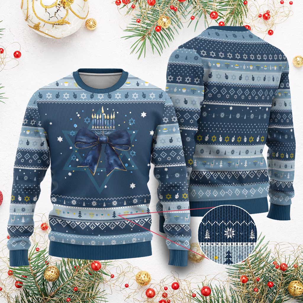 Happy Hanukkah Ugly Sweater Coquette Bow Jewish Menorah - Wonder Print Shop