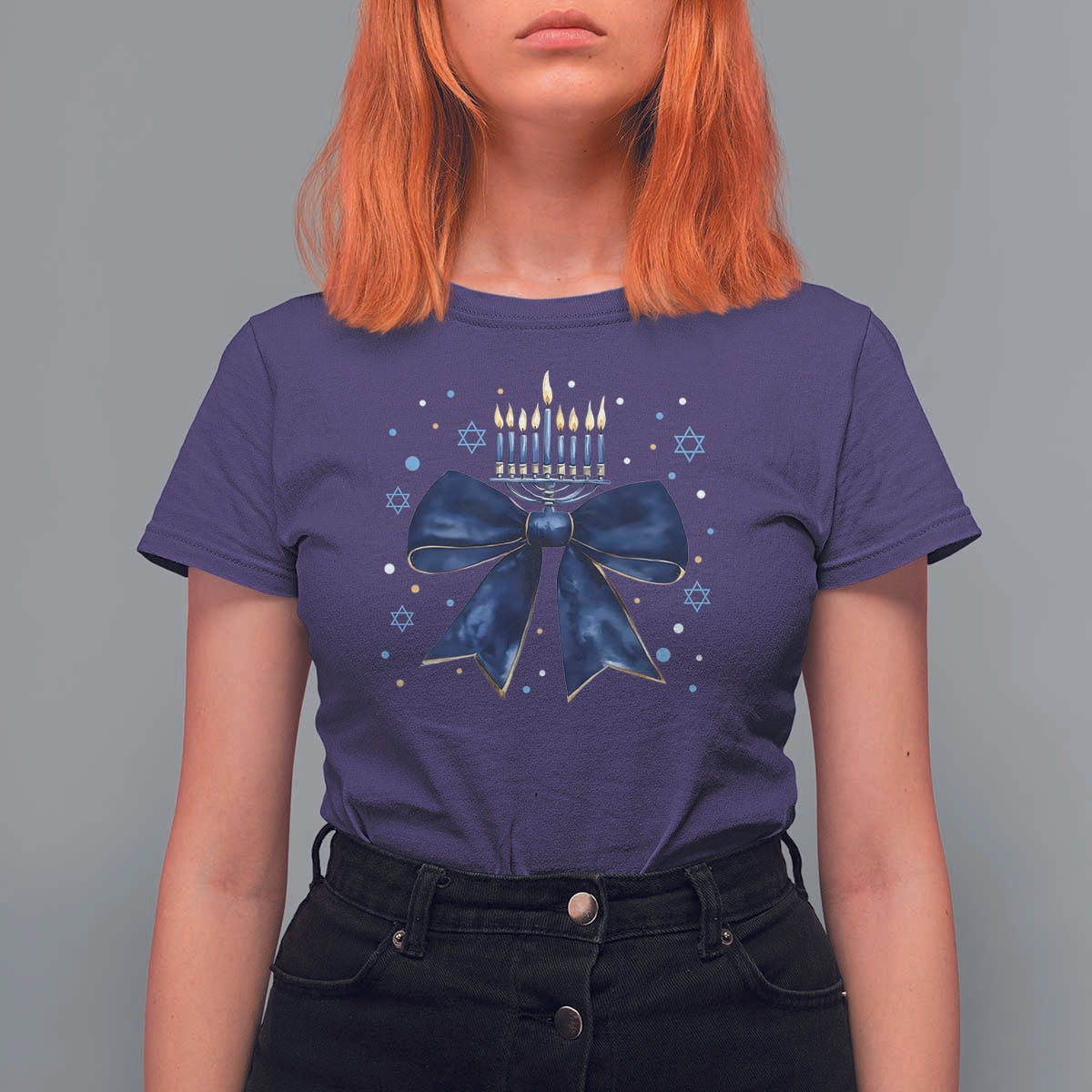 Happy Hanukkah T Shirt For Women Coquette Hanukkah Bow Jewish Menorah - Wonder Print Shop