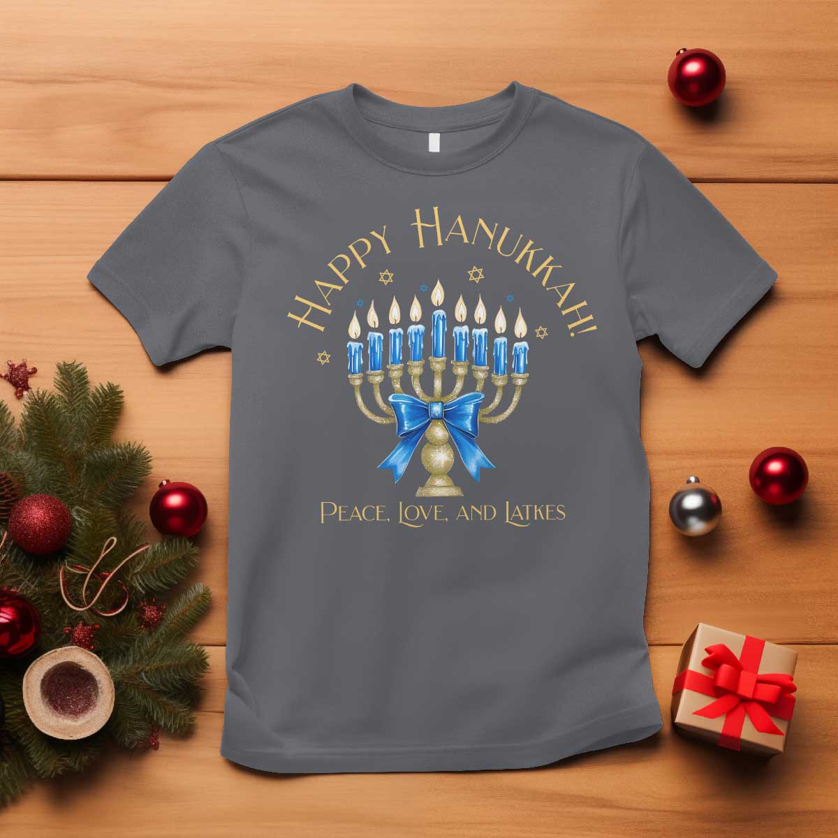 Happy Hanukkah T Shirt Jewish Menorah Coquette Bow - Wonder Print Shop