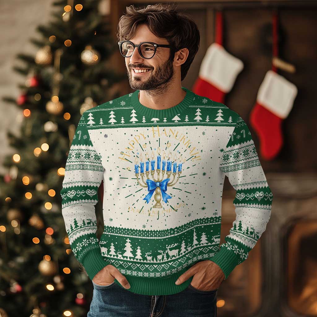 Happy Hanukkah Ugly Christmas Sweater Jewish Menorah Coquette Bow - Wonder Print Shop