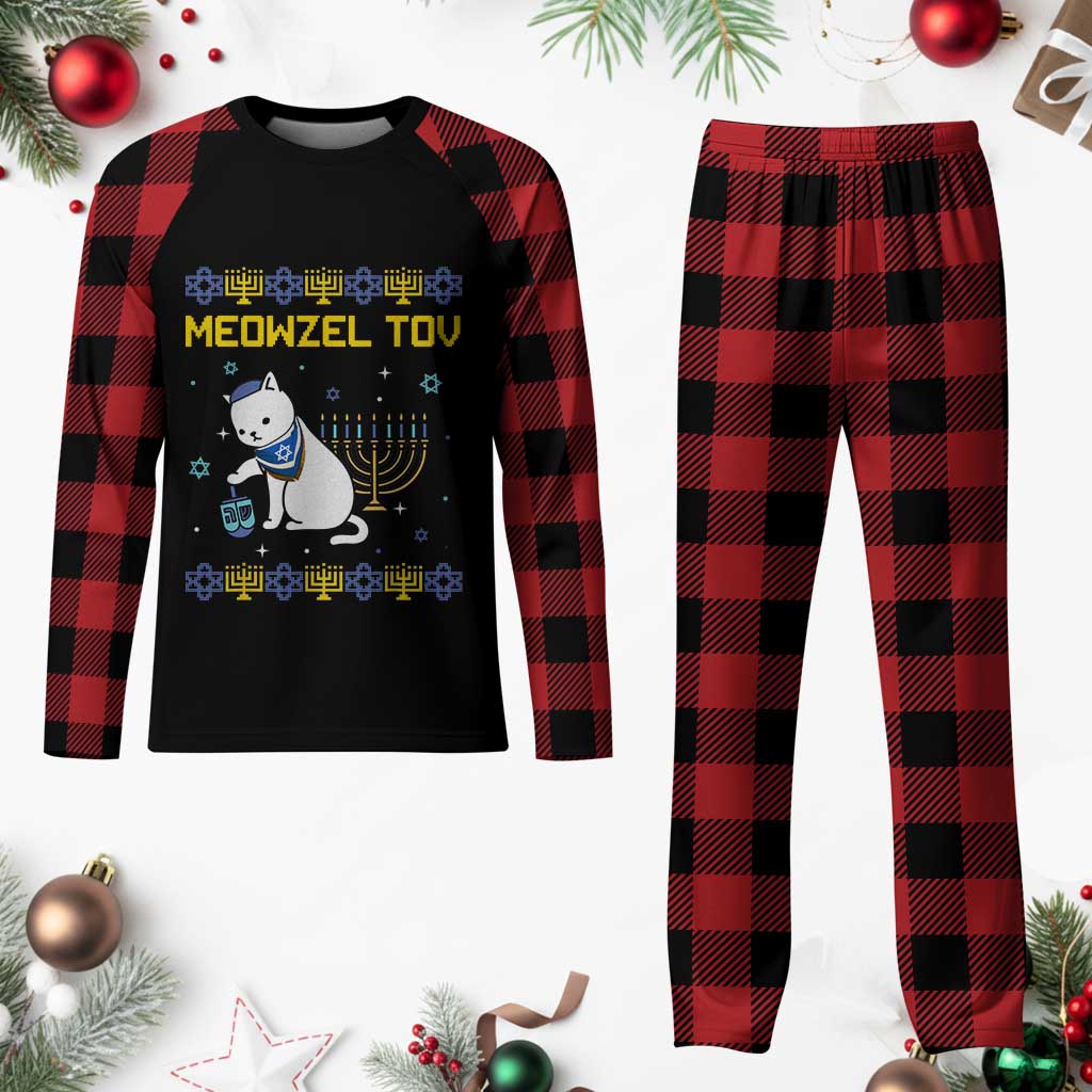 Happy Hanukkah Plaid Pajama Set Menorah Meowzel Tov Ugly Hanukkah - Wonder Print Shop